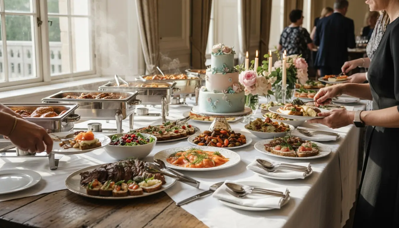 Buffetbord til konfirmation med hænder, der anretter mad på elegante fade og blomsterdekorationer.