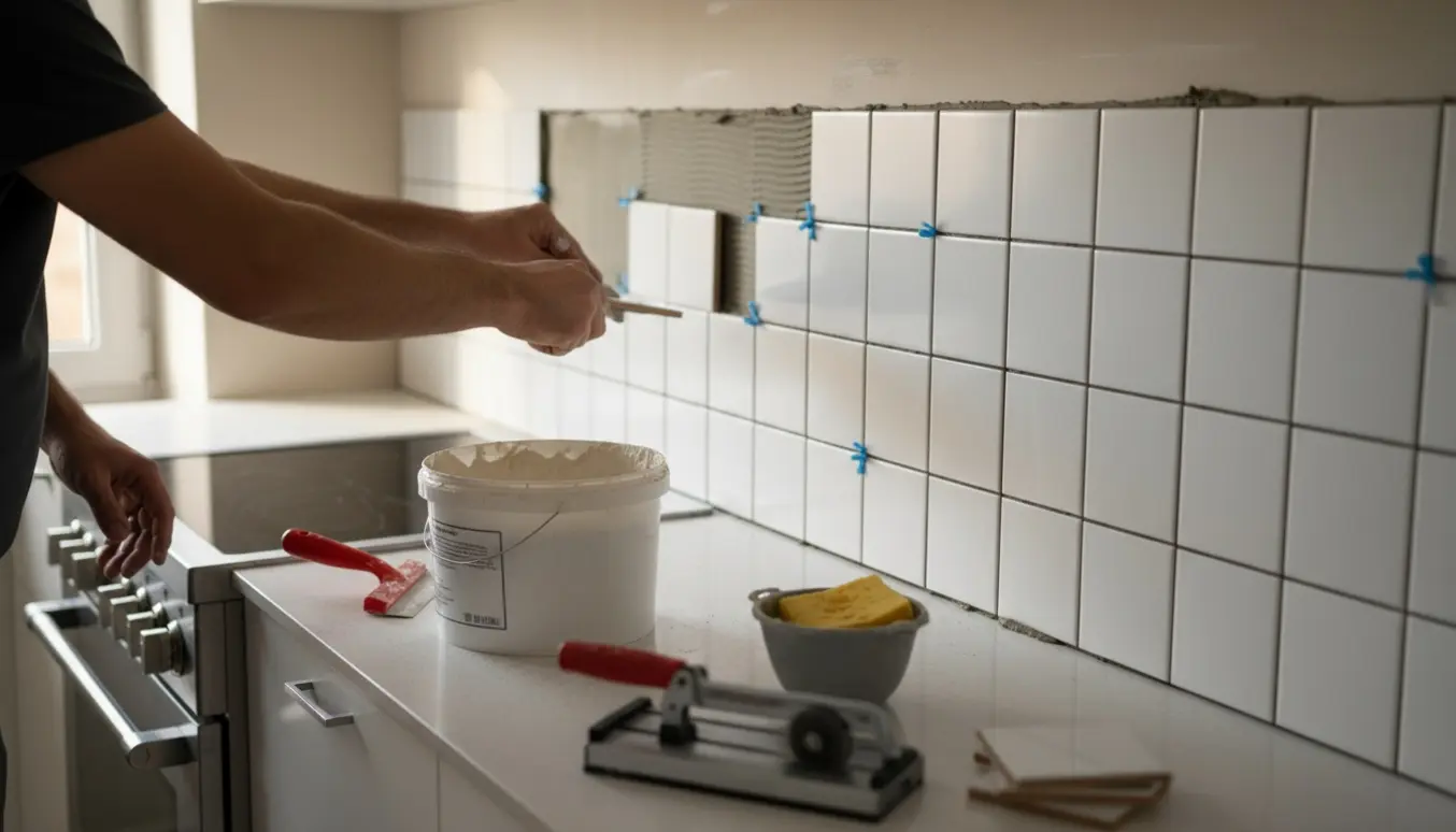 Hænder sætter hvide 10×10 cm køkkenfliser op i fem rækker over en køkkenbordplade.