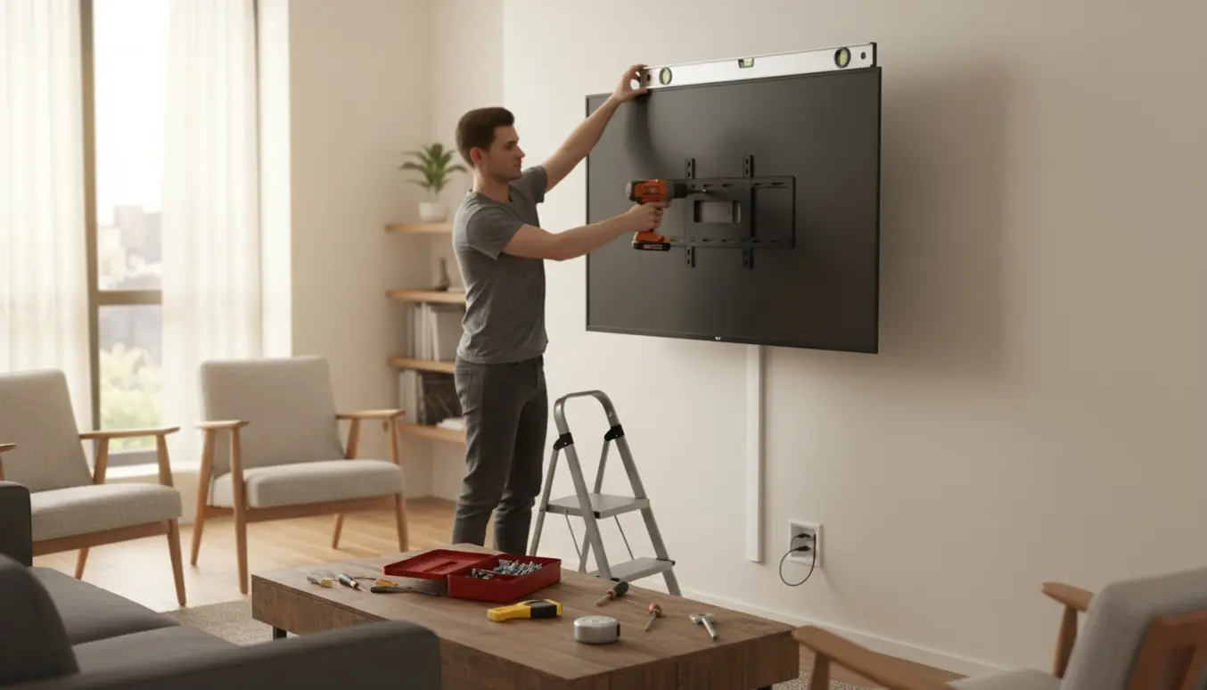 Hænder monterer et 65 tommer TV på væggen med beslag og værktøj i et lyst, moderne stuerum.