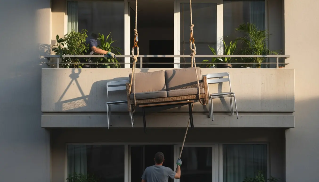 Sofa, altanbord og stole sænkes ned fra 2. sal med reb og sikkerhedsudstyr.