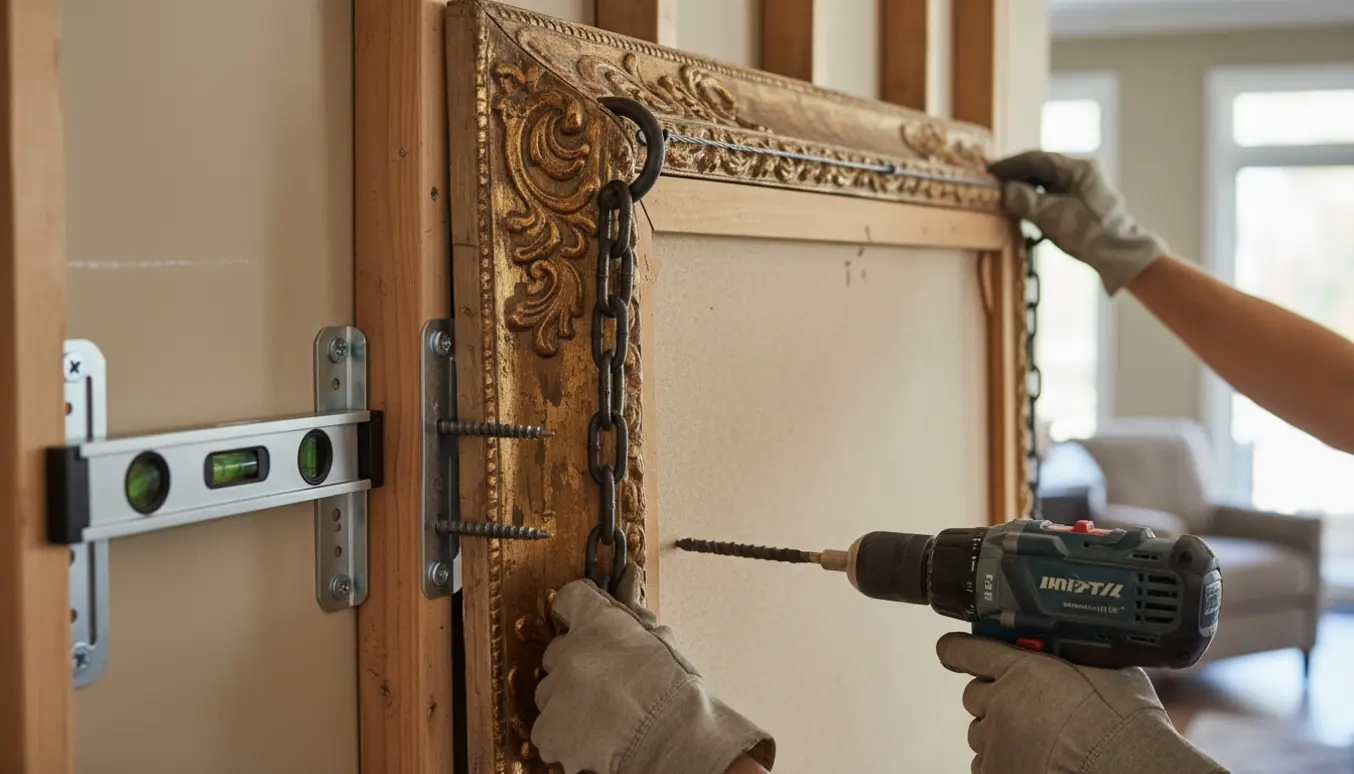 Montage af et tungt indrammet maleri med stålwire, lange skruer og kraftige beslag på en væg.