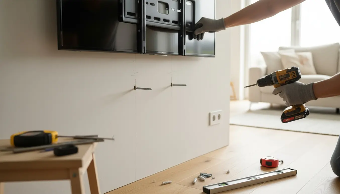 Hænder monterer et 55-tommer fladskærms-tv på en letvæg med vægbeslag og værktøj.