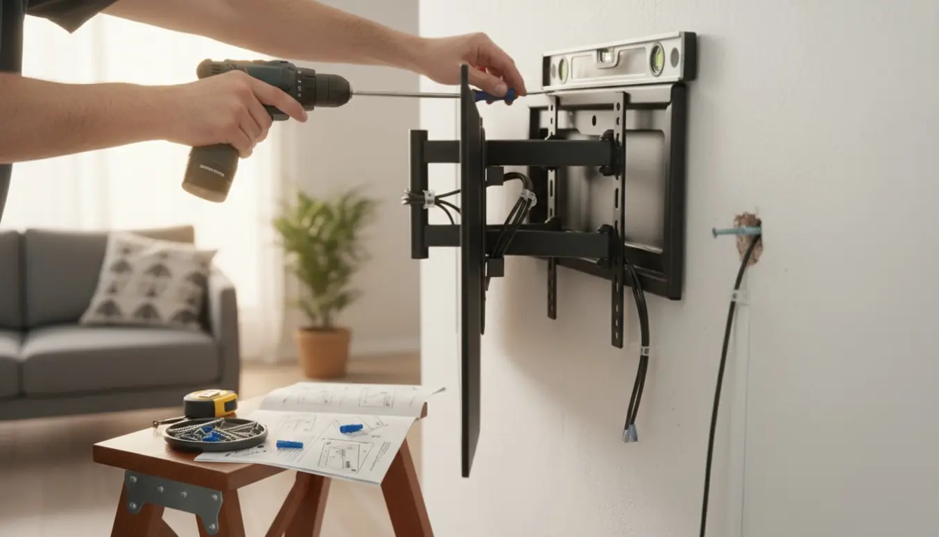 Hænder monterer et fladskærms-TV på væggen med skruer, rawlplugs og en TV-arm.