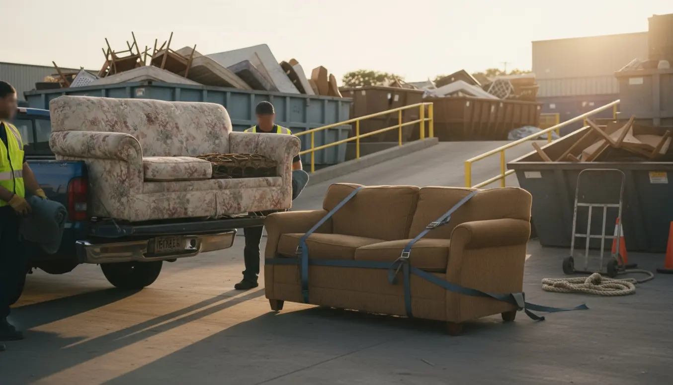 To slidte sofaer læsses ved en kommunal affaldsplads med handtruck og arbejdshandsker synlige.