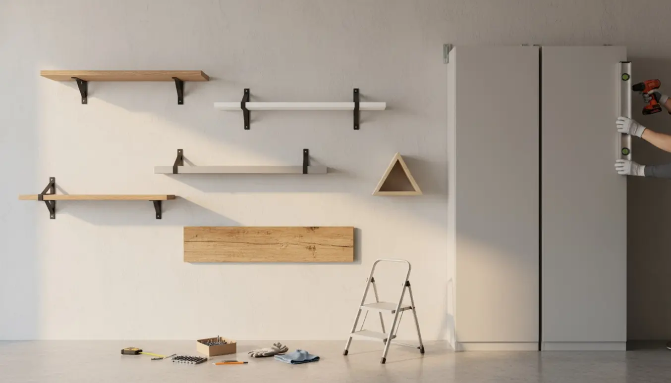Hænder bruger boremaskine og vaterpas til at montere fem hylder og fastgøre to høje skabe til en væg.