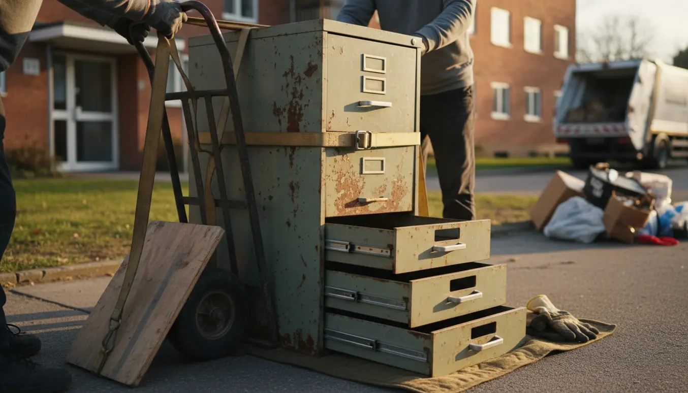 To personer læsser et tungt, gammelt arkivskab uden skuffer op på en flyttevogn ved fortovet til storskrald.