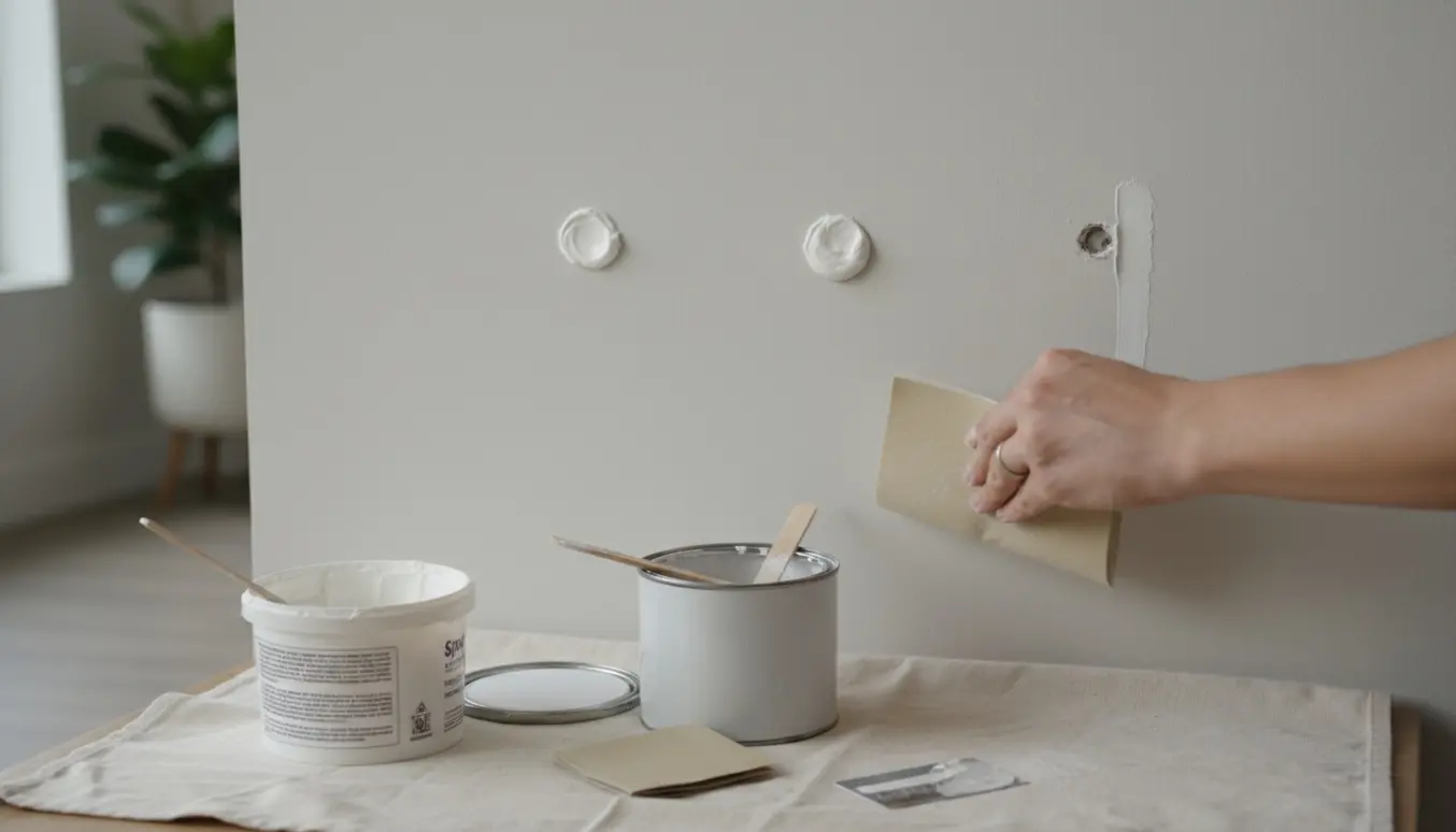 Nært foto af tre små huller i en væg med hvid spartel, fint sandpapir og åben malerbøtte klar.