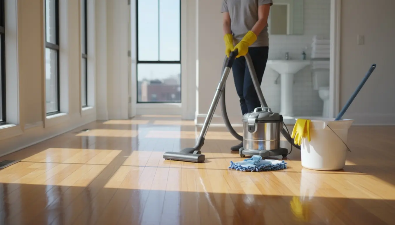 Rummelig, solbeskinnet stue med støvsuger, moppe og spand samt et åbent, ryddeligt badeværelse i baggrunden.