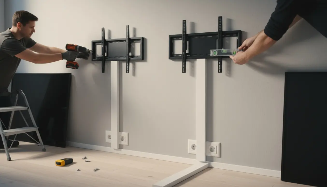 To 42 tommer fladskærme monteres side om side på en væg med kabelskjuler og værktøj synligt.