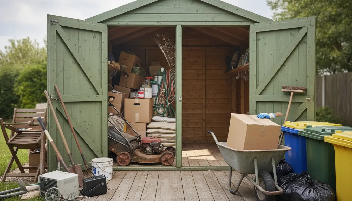Halvt tomt skur med stakke af affald, sække, sorteringskasser og handsker klar til tømning.