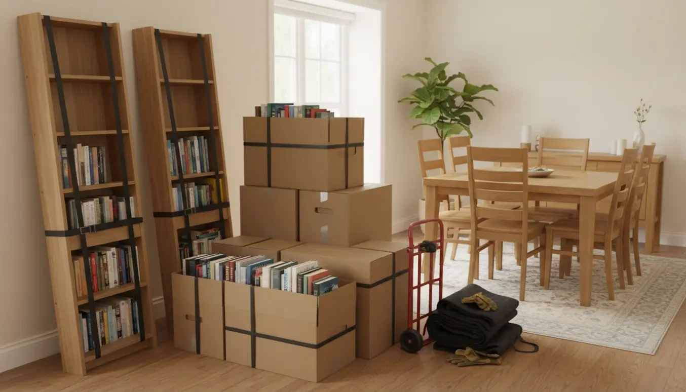 To reoler, 12 flyttekasser med bøger, spisebord med seks stole og en skænk klar til afhentning i en lys stue.