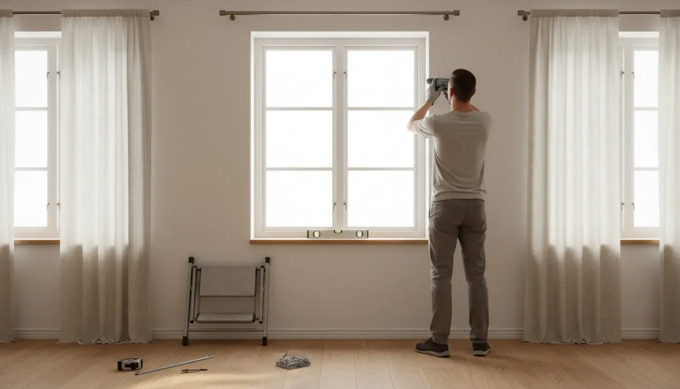 Hænder monterer gardinstang over midtervindue i en lys, moderne stue med tre vinduer.