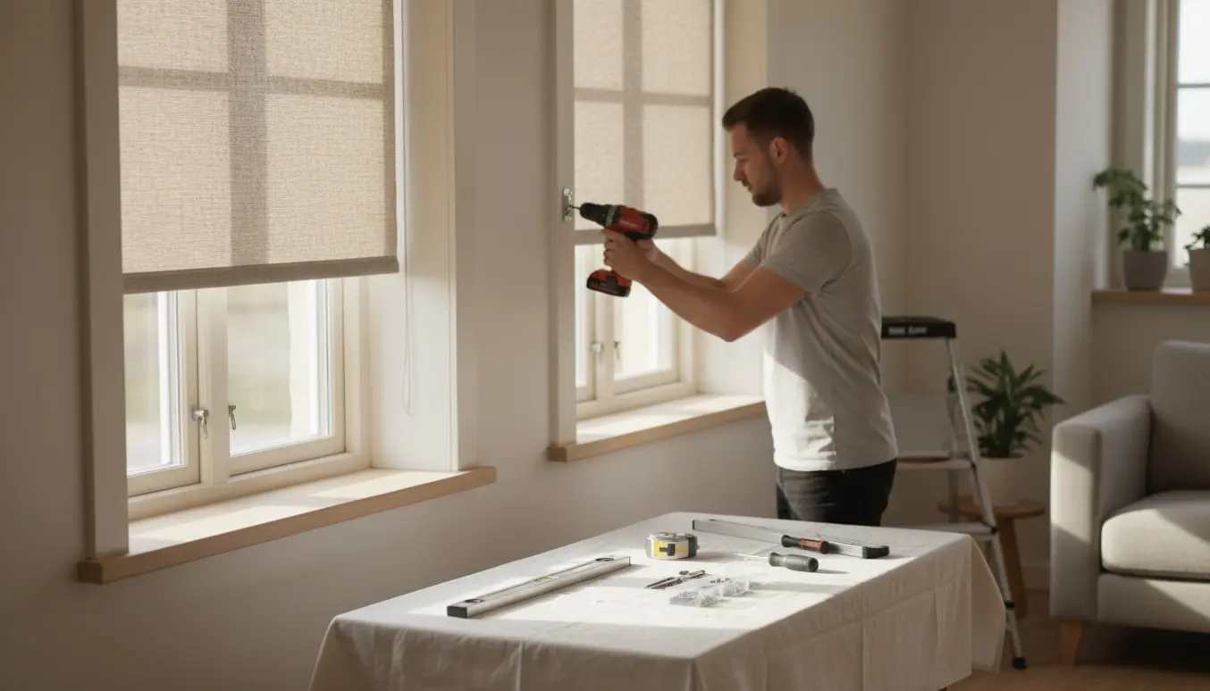 Hænder monterer to rullegardiner ved to vinduer i et lyst, skandinavisk rum.