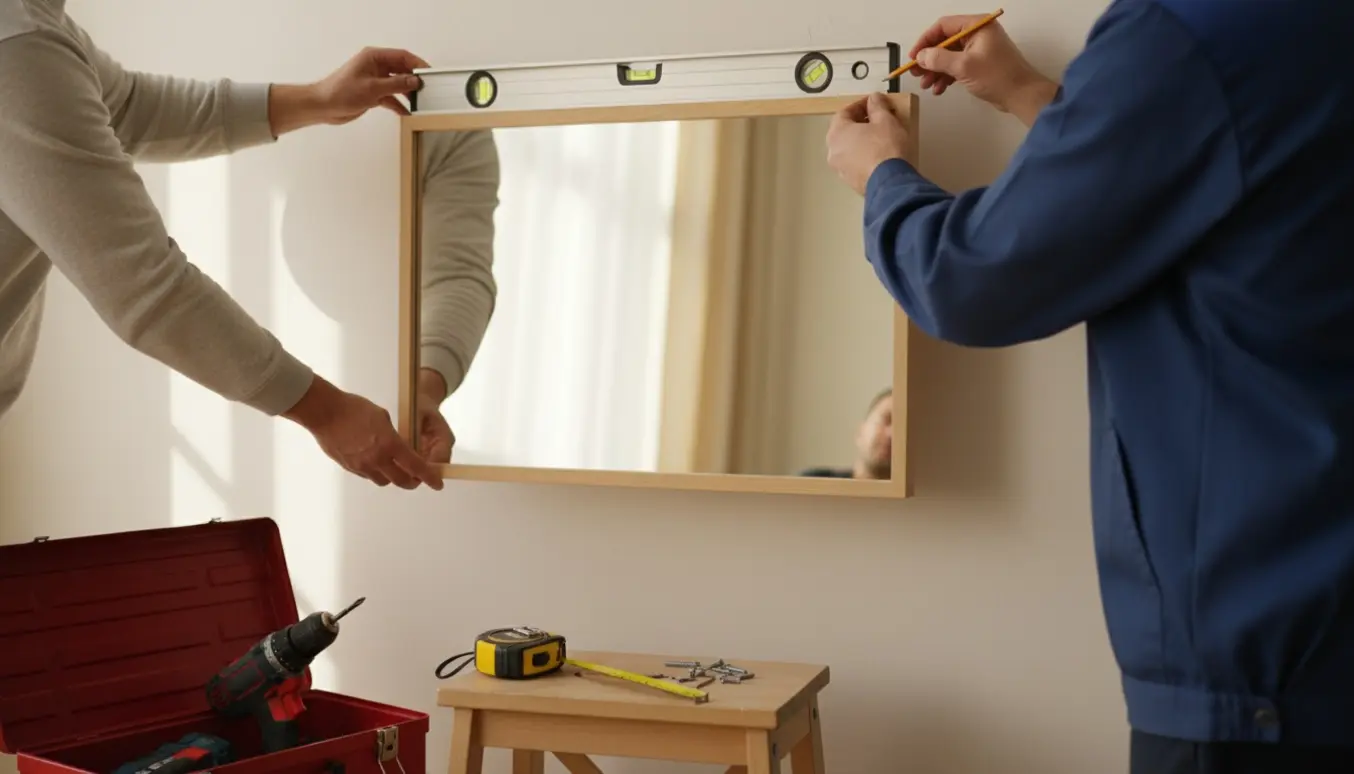 Hænder hæver og justerer et spejl på væggen med vaterpas, målebånd og boremaskine i nærheden.