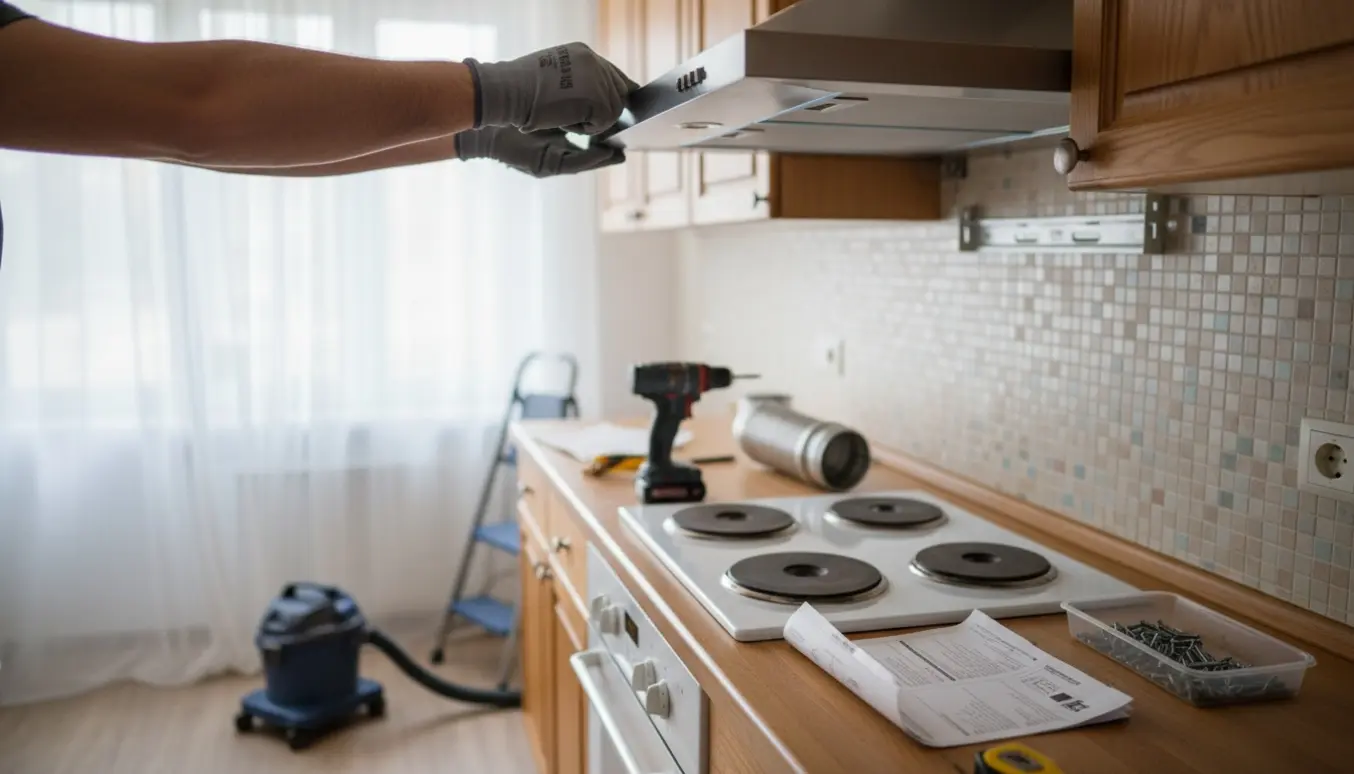 Kompakt emhætte monteres i et køkken fra 2004 med håndværkerhænder og værktøj i fokus.