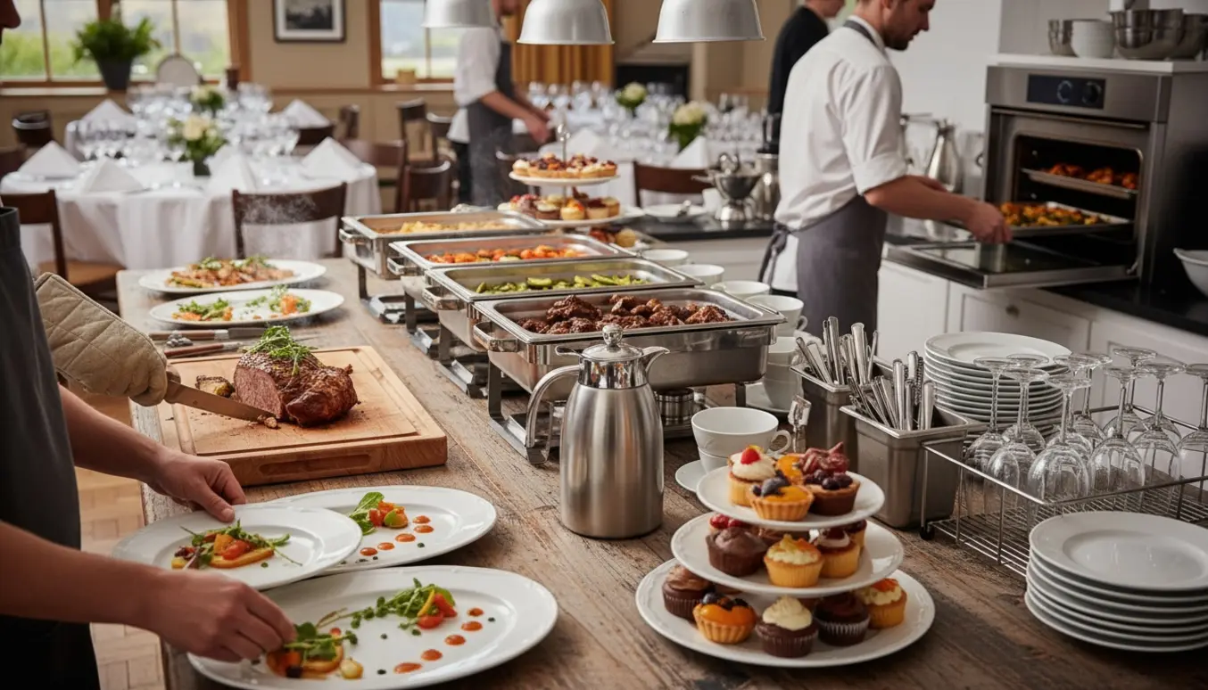 Buffetbord og køkkenpersonale anretter varme retter og desserter til en fødselsdag, med opvaskestativ og kaffe klar.