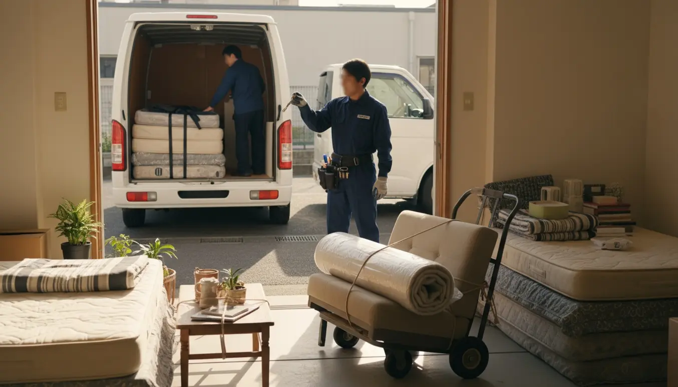 Flyttefolk tømmer et lejemål og læsser sofa, senge og små borde på en varevogn.