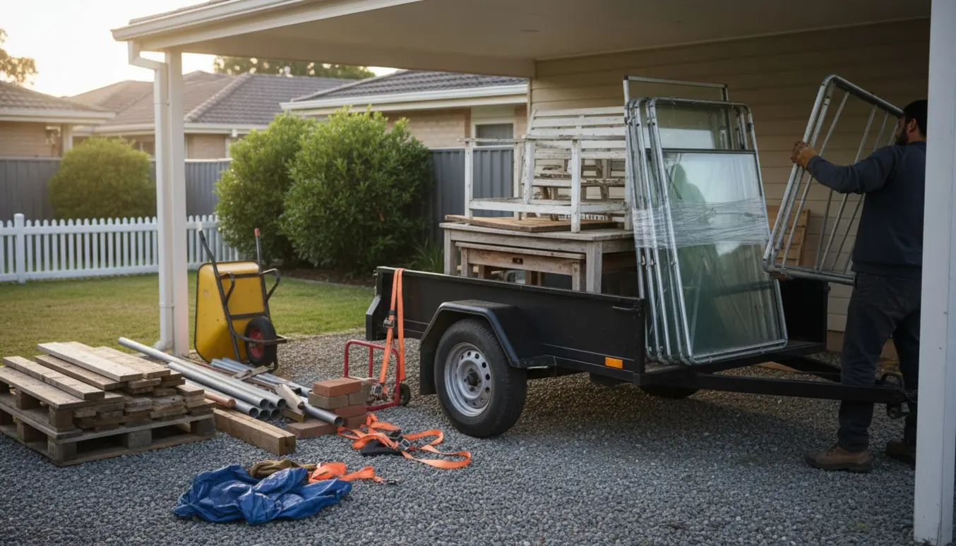 Carport og bagareal med gamle møbler, byggematerialer og drivhusglas klar til bortskaffelse.