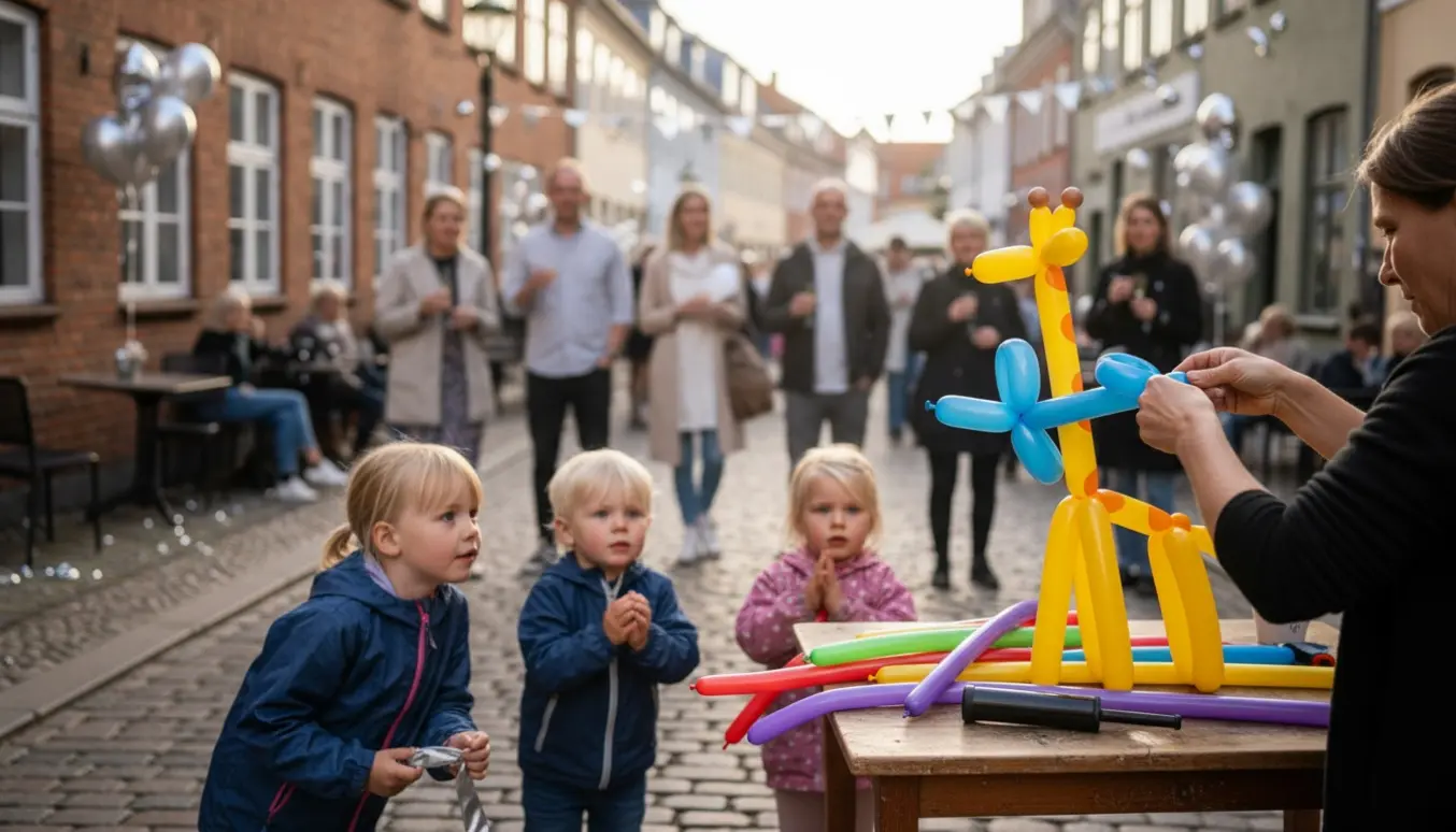 Ballondyrkunstner laver farverige ballondyr til børn ved et sølvbryllup i byens centrum.