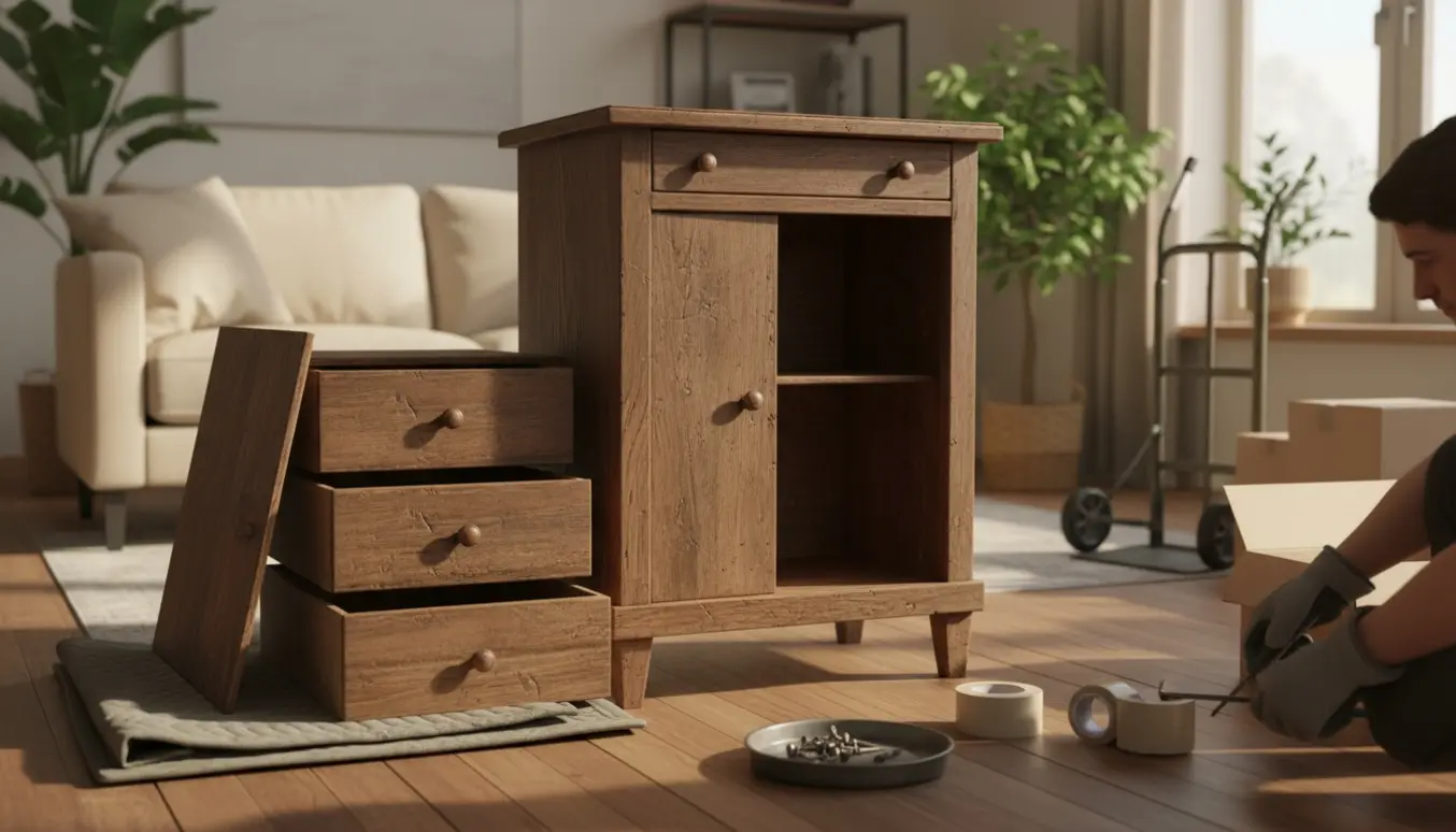 Gammelt træchartol delvist adskilt i en lys stue med udtrukne skuffer og arbejdshandsker.