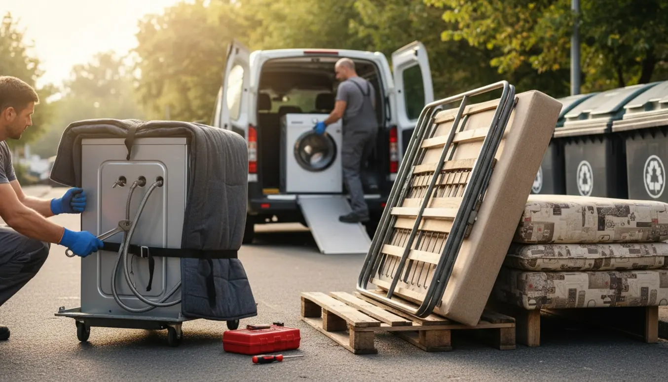 Arbejdere afmonterer en vaskemaskine og forbereder en adskilt sovesofa til afhentning ved en genbrugsstation.