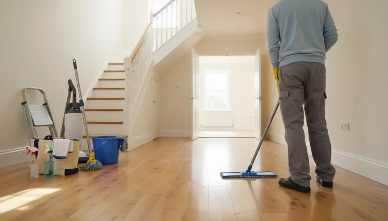 Rengøringsperson uden synligt ansigt gør et tomt to-etagers rækkehus klart til fremvisning med moppe og rengøringsudstyr.