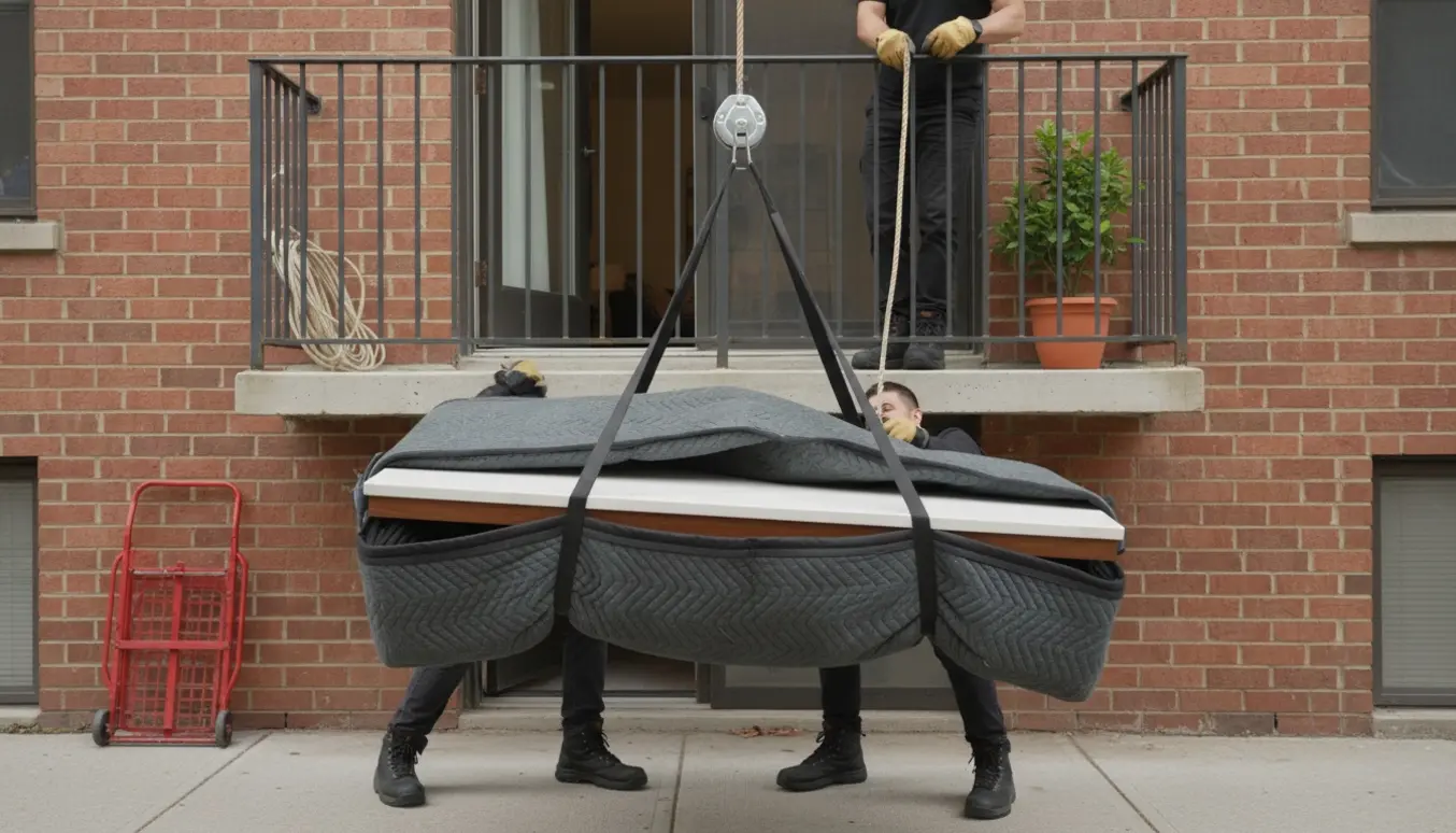 Flyttemænd løfter en pakket bordplade op til en lejlighedsaltan med stropper og blok.
