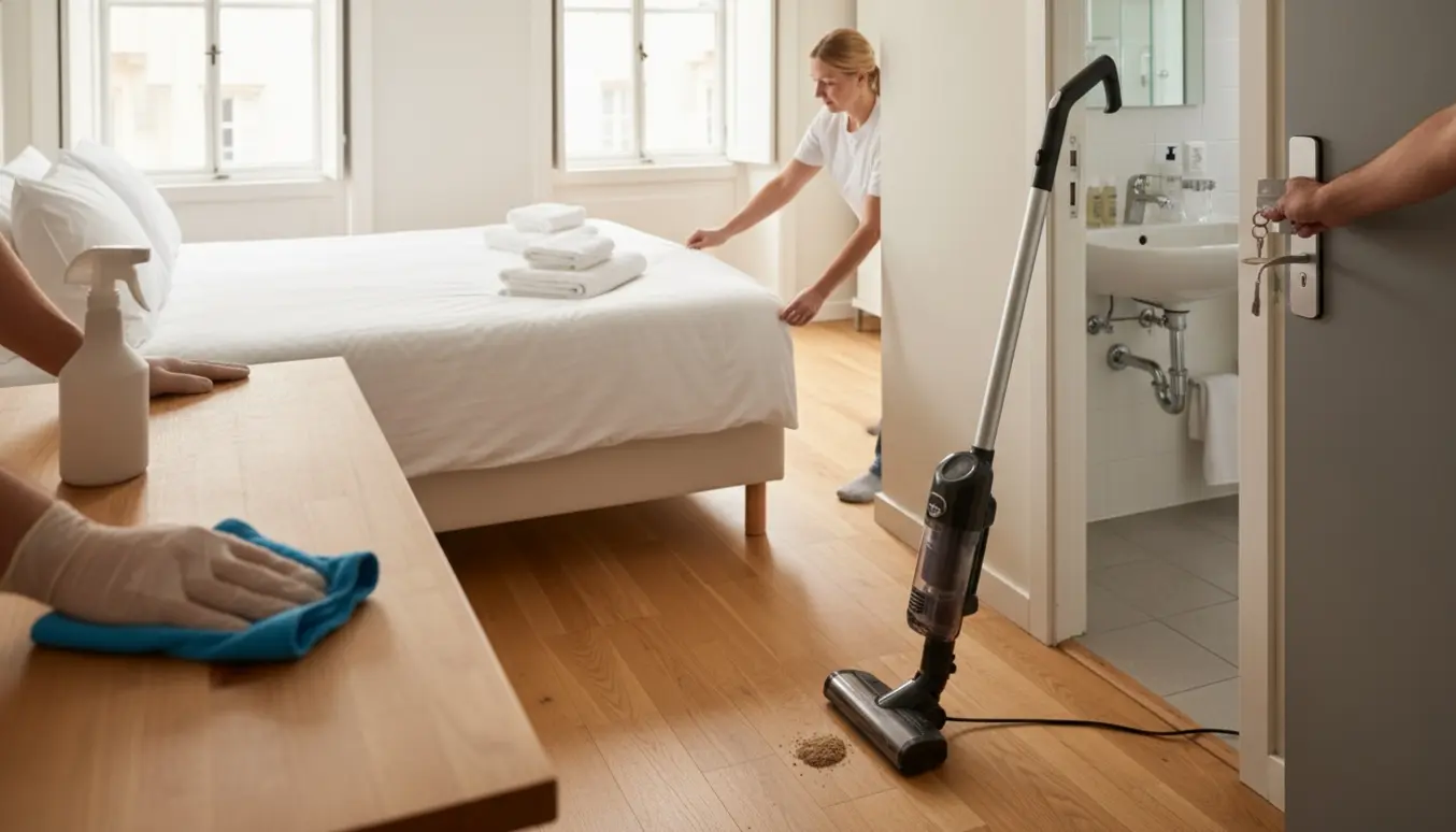 Hænder gør rent i en solbeskinnet Airbnb med nyslået seng, foldede håndklæder, støvsuger og en nøgle i en åben nøgleboks.