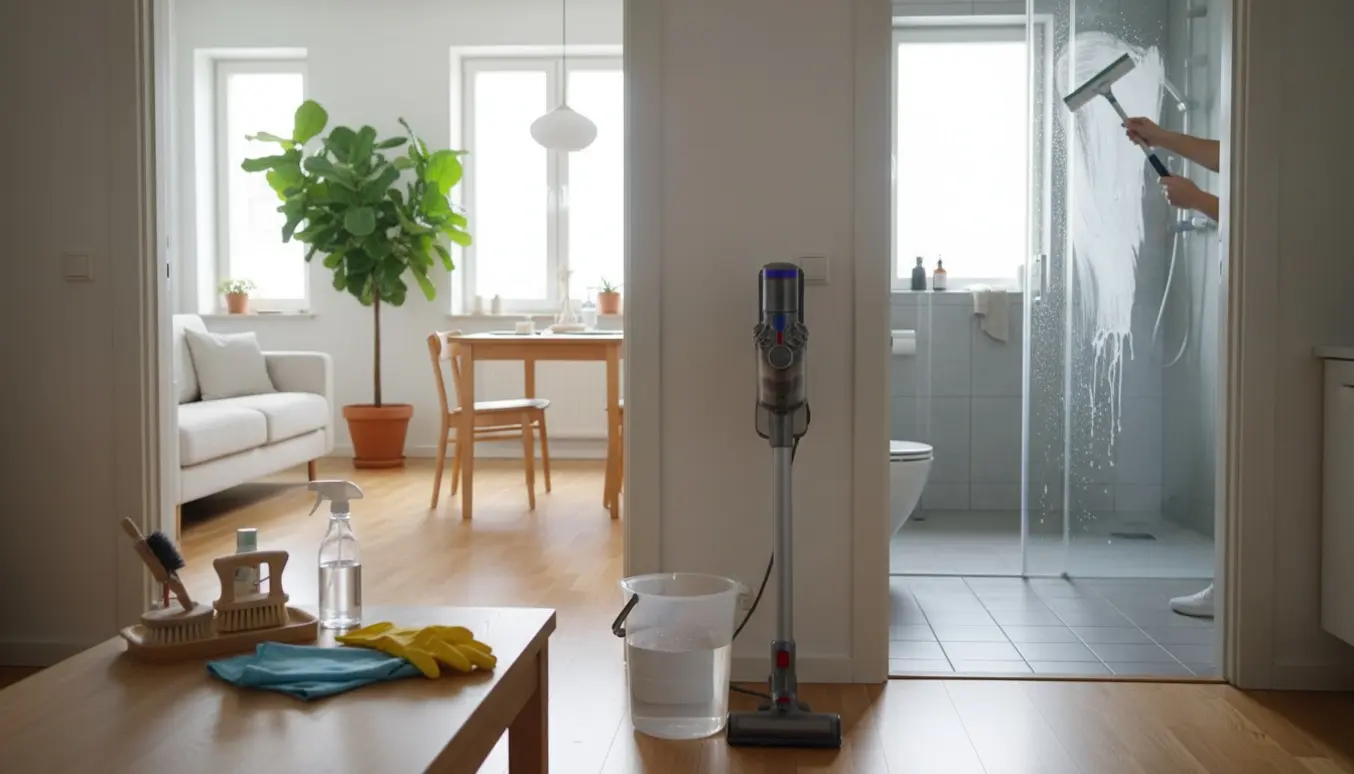 Rengøringsudstyr i en lys lejlighed med en person, der rengør brusekabinen uden at vise ansigt.