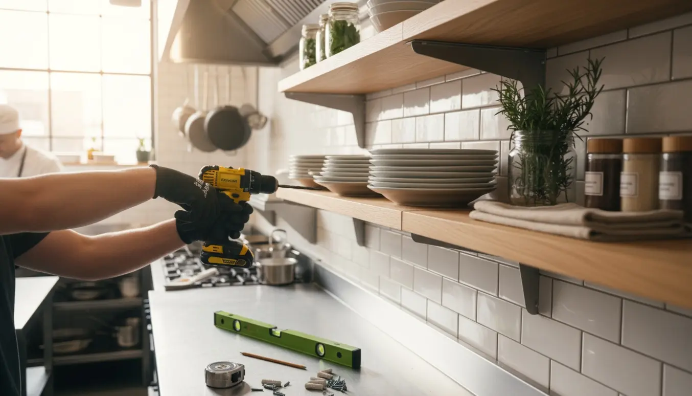 Montage af hylder i et restaurationskøkken med værktøj og færdigmonterede reoler.