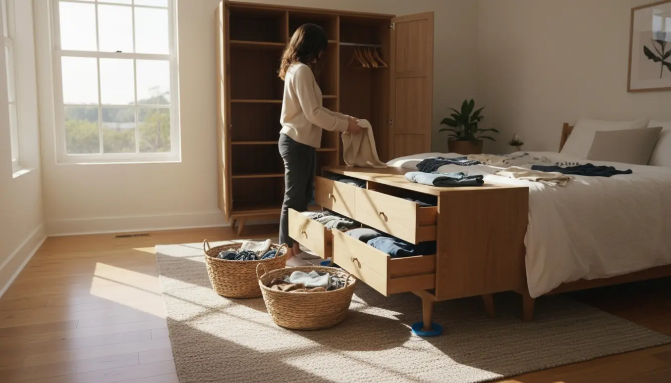 Lyst soveværelse under oprydning med foldet tøj, åben kommode og møbler under omrokering.