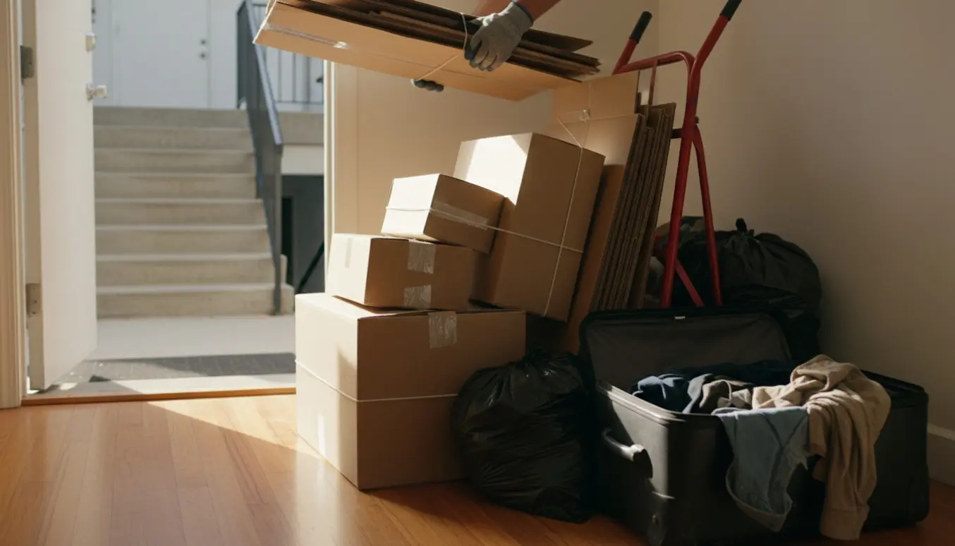 Stak af fladtrykte papkasser, sorte affaldssække og en ødelagt kuffert ved en lejlighedsentré, klar til afhentning.