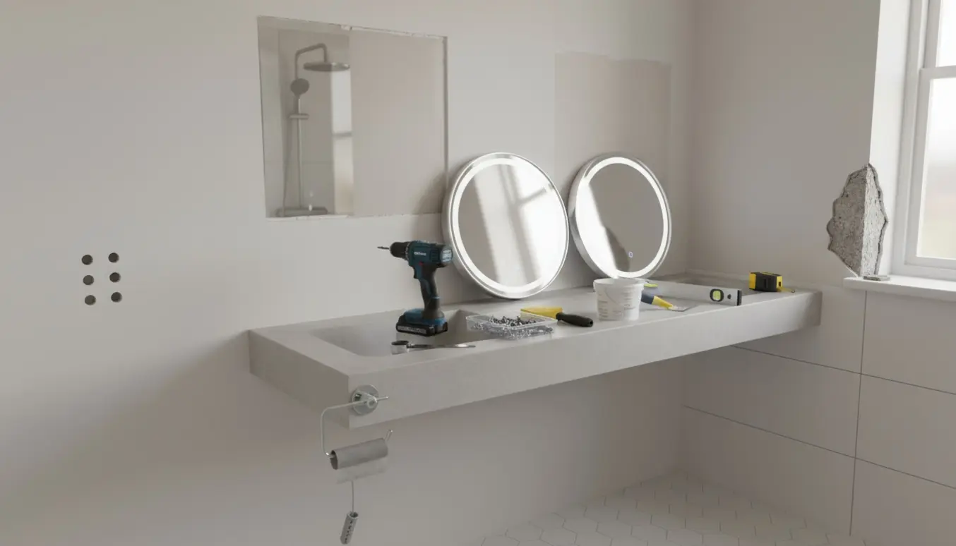 Badeværelse med to nye LED-spejle klar til montering, afmonteret toiletrulleholder, fem små huller i væggen og et knækket hjørne i vindueslysningen.