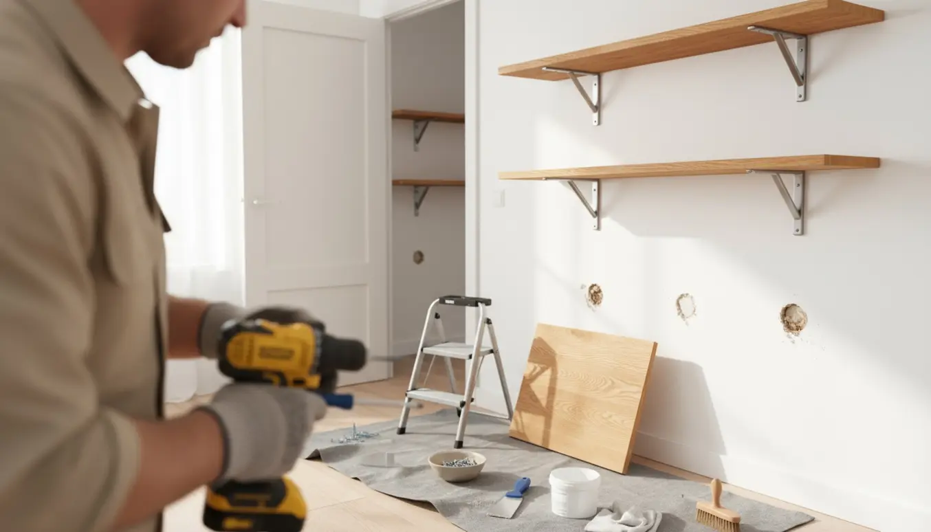 Tre hylder er ved at blive taget ned fra en væg med værktøj på gulvet, og en fjerde hylde ses i gangen.
