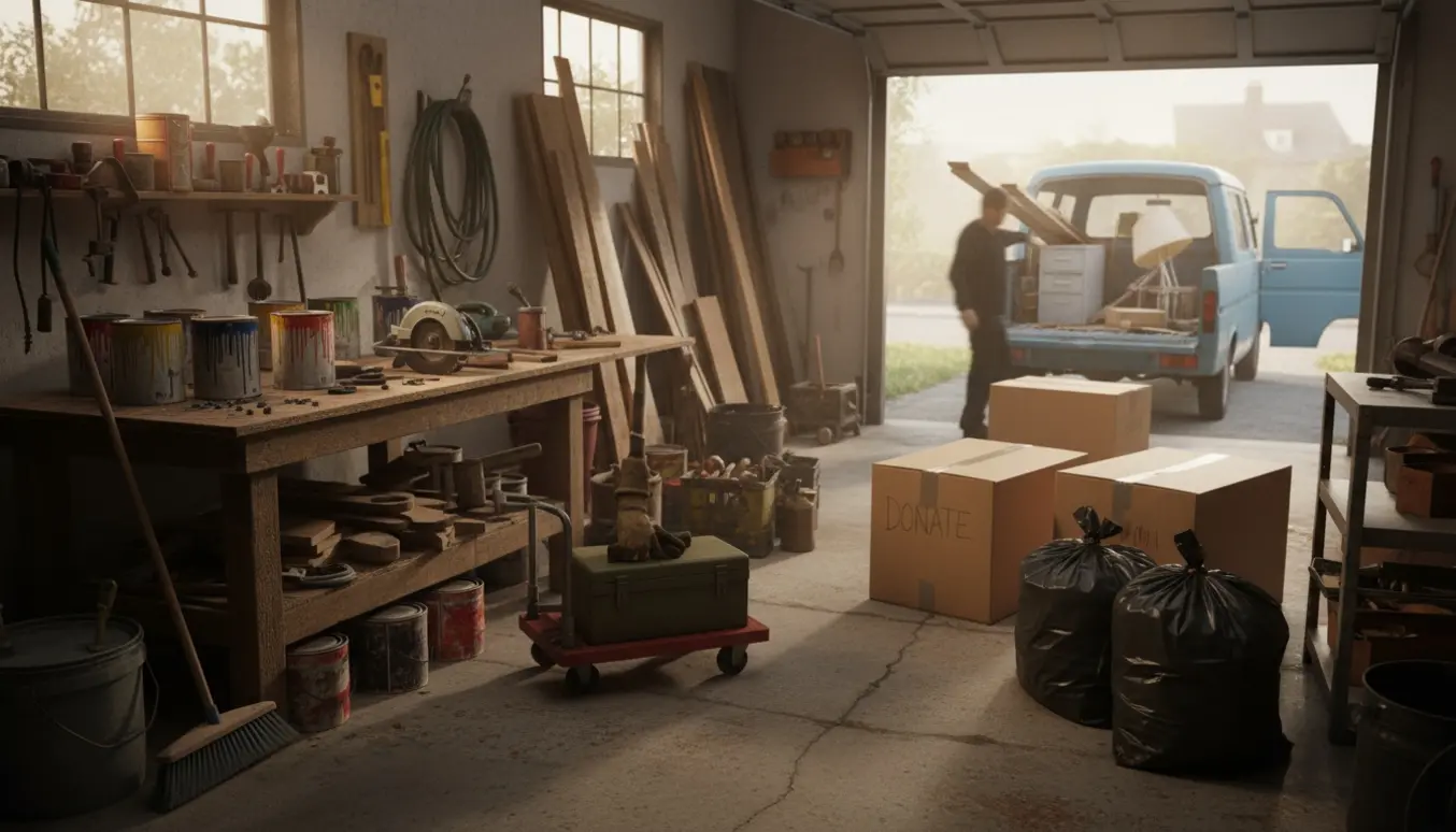 Et værksted tømmes, hænder i handsker læsser en værktøjskasse på en tralle ved en åben varevogn.