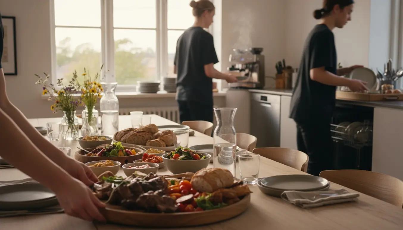 To unge hjælpere sætter fade og vandkaraffer på et langbord i et lyst køkken til en uformel konfirmation.