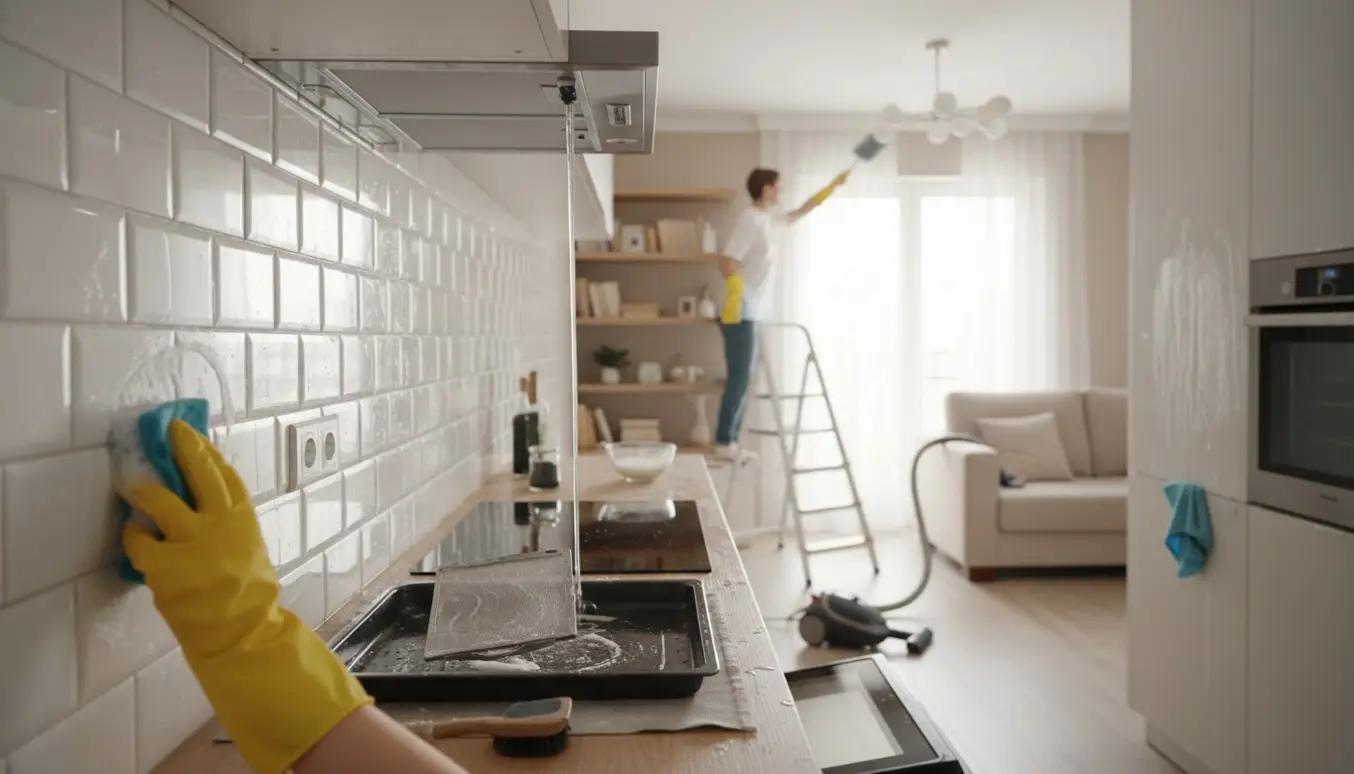 Dybdegående rengøring i en lys lejlighed med hænder i gummihandsker, der vasker fliser og støvsuger sofaen.