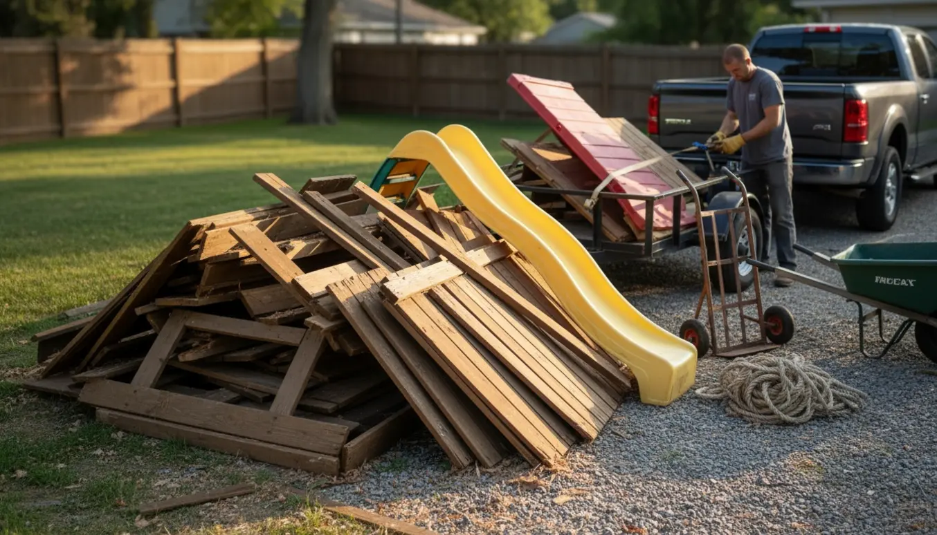 Nedtaget trælegehus og hård plastikrutsjebane læsset på trailer i en baghave.