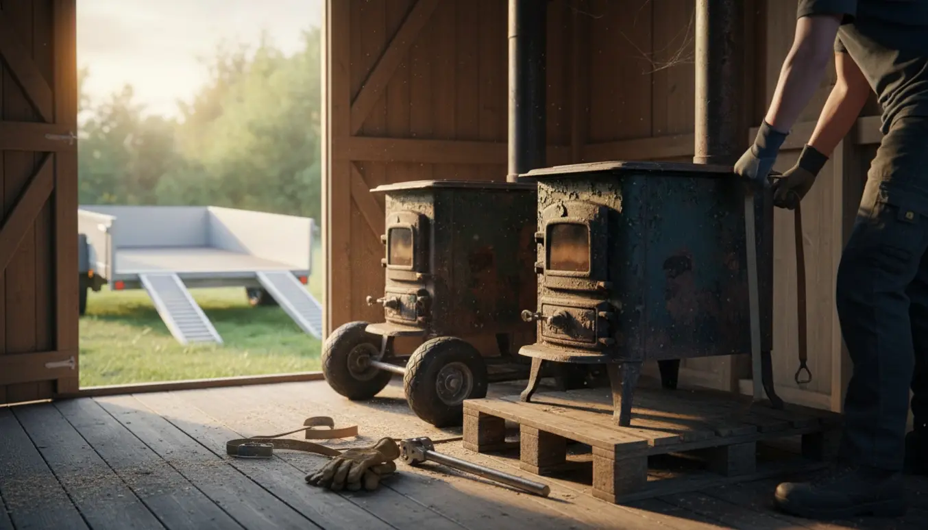 To gamle brændeovne i et skur klar til at blive læsset, med handtruck, stropper og handsker i fokus.