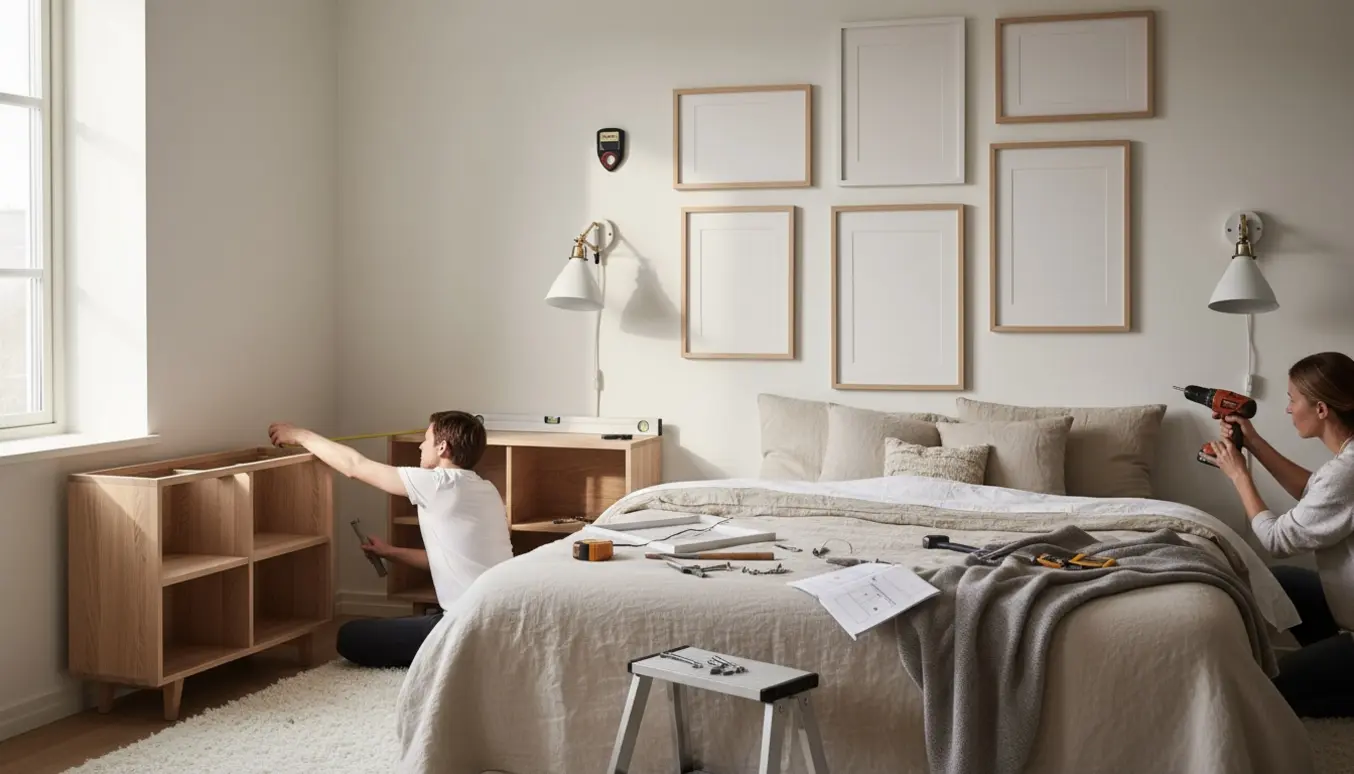 Soveværelse hvor otte til ti billeder ophænges, to væglamper monteres og et sengebord er på plads med værktøj i forgrunden.
