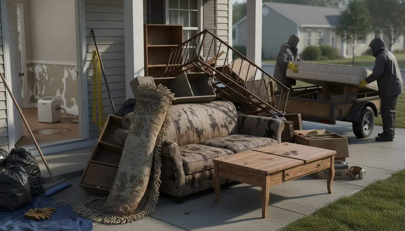 Vådt storskrald som sofa, tæpper og metal stablet ved husets indgang klar til afhentning efter vandskade.
