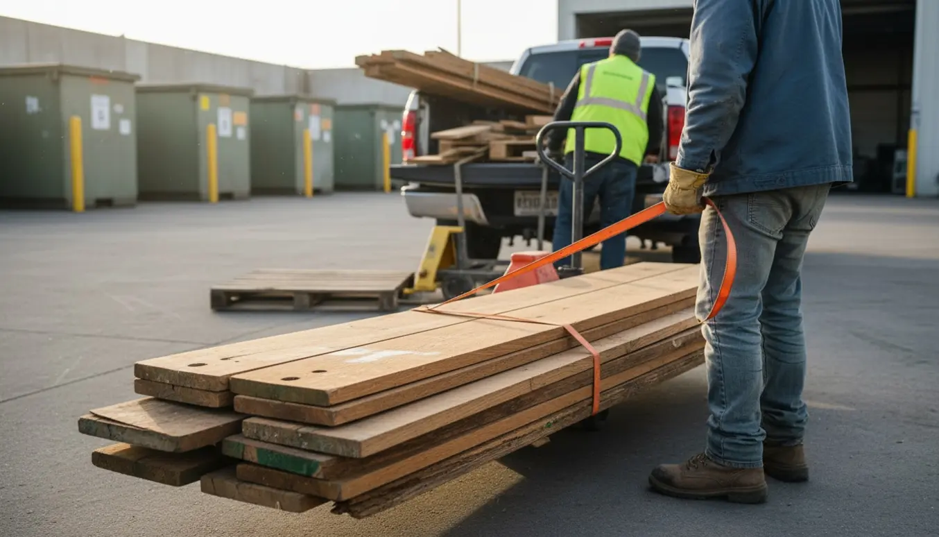 Store træplanker stablet på en sækkevogn ved en genbrugsstation, mens en person spænder remmen.