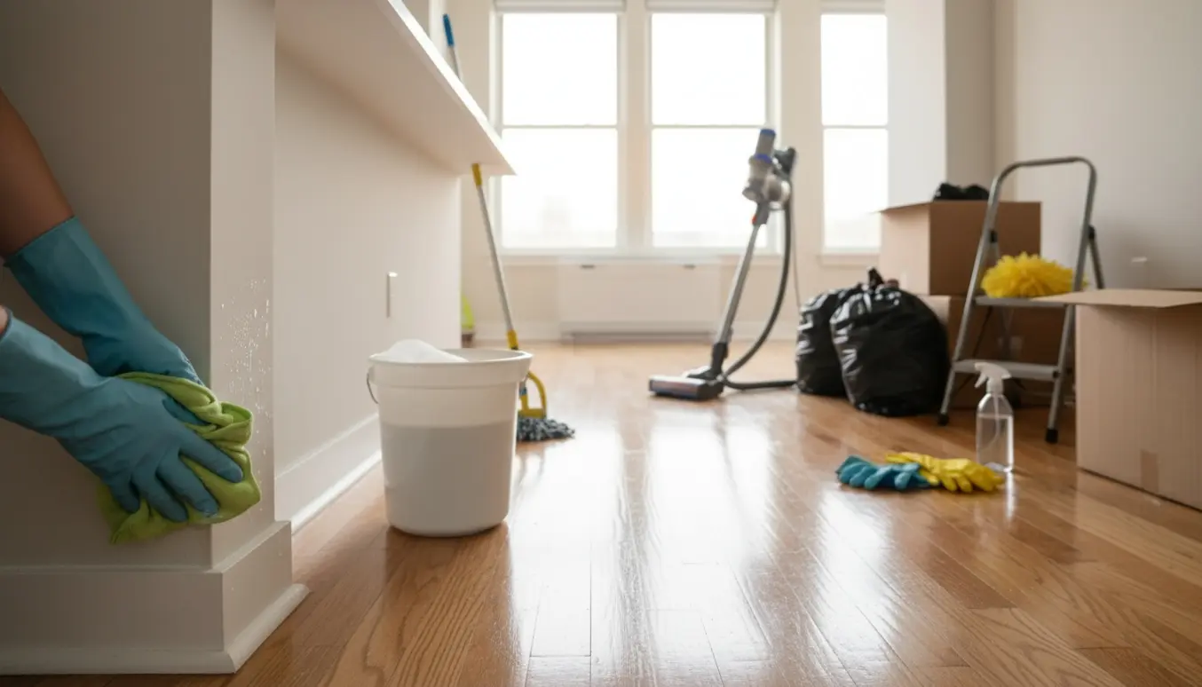 Hænder vasker fodliste i en lys lejlighed under flytterengøring med spand, moppe og papkasser i baggrunden.