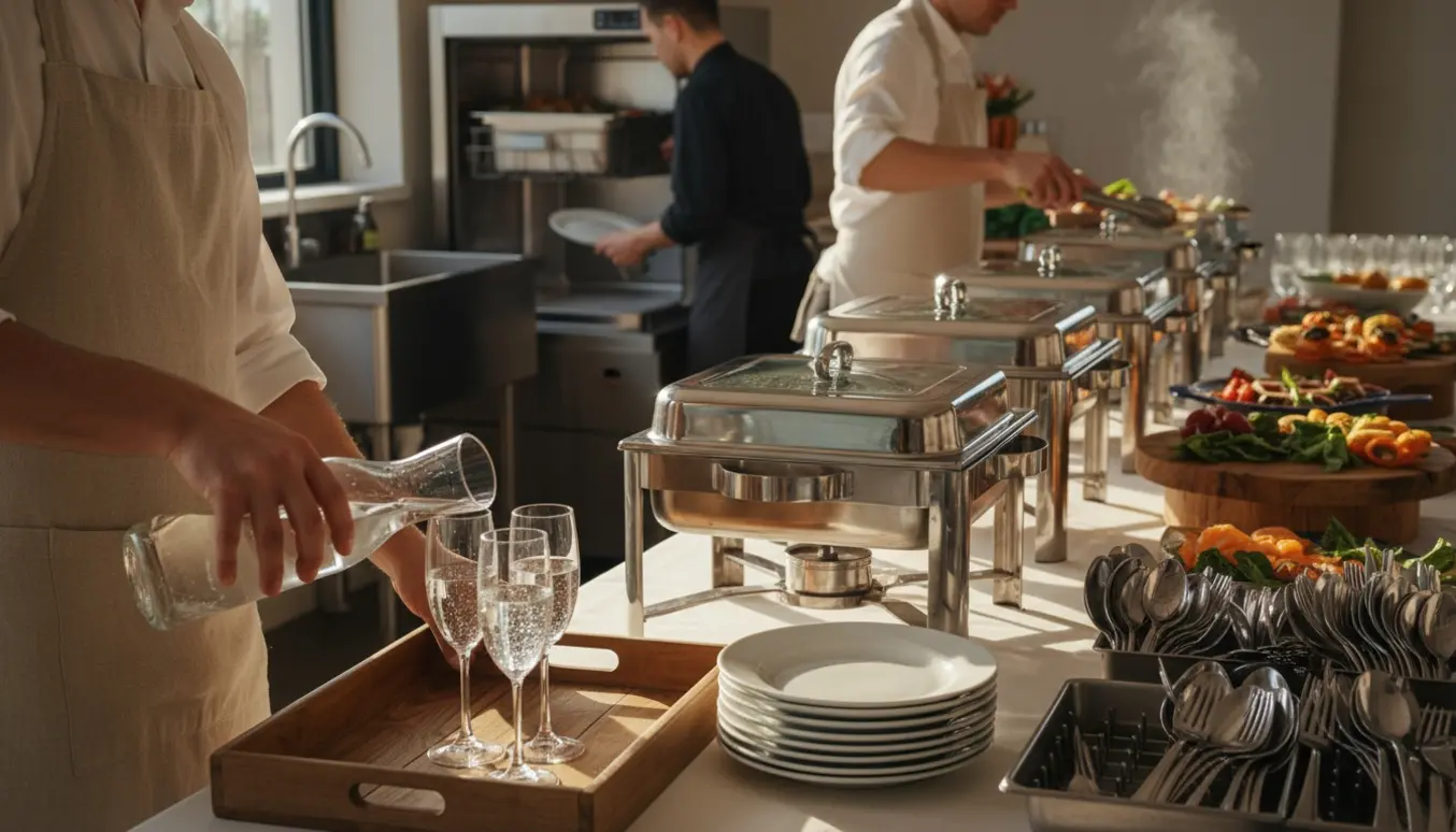 To serveringsmedarbejdere fylder op buffet, skænker drikkevarer og læsser tallerkener i opvaskemaskinen.