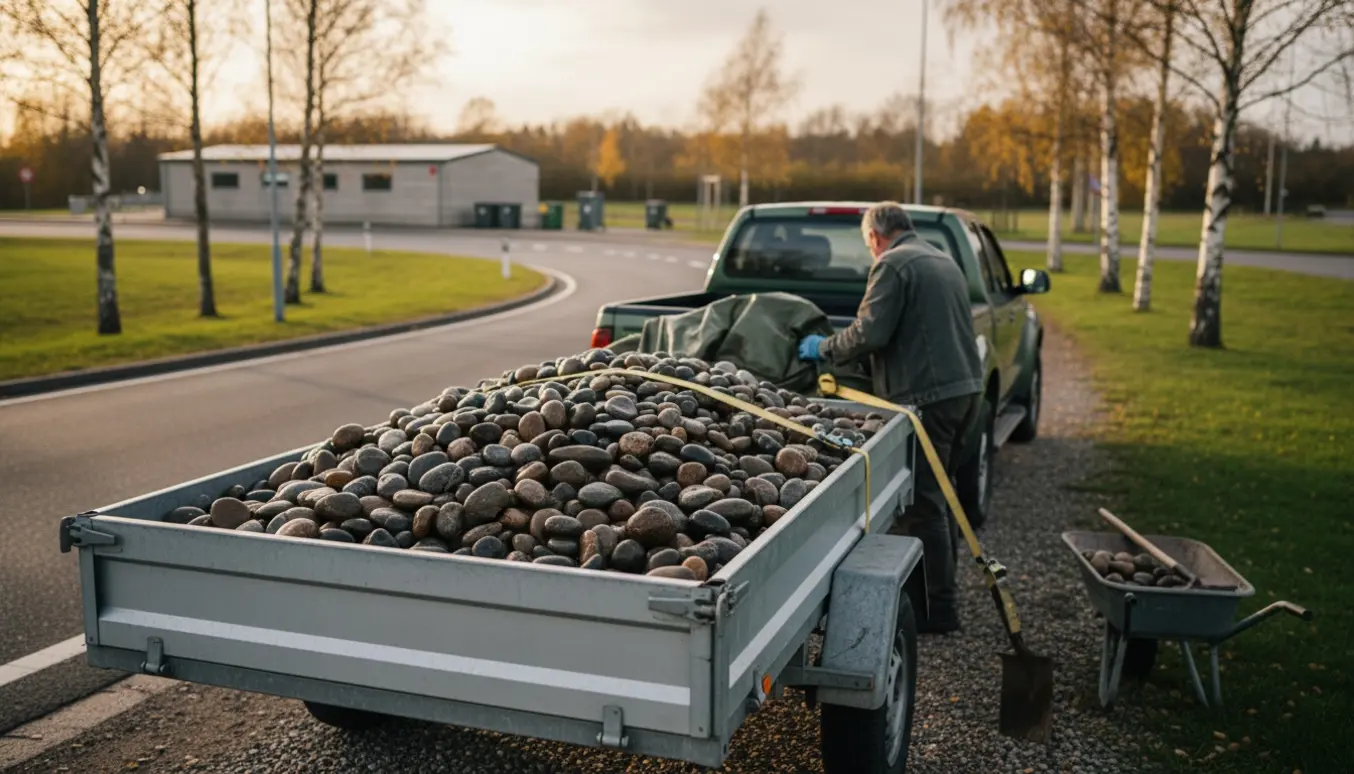 Pickup med trailerlæs af glatte havesten ved en motorvejsafkørsel i Hørsholm.