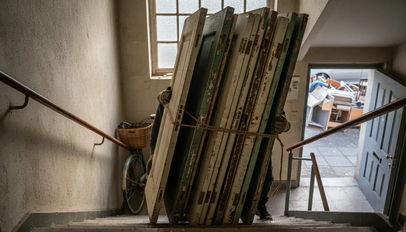 To personer bærer en stak gamle skabslåger ned ad en opgang mod storskrald i blødt dagslys.