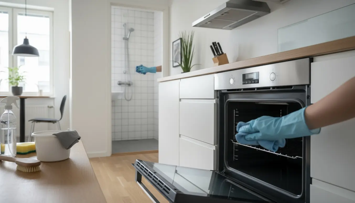 Gule handsker tør indersiden af en ovn af i en lys, skandinavisk lejlighed, mens et badeværelsesarmatur afkalkes i baggrunden.