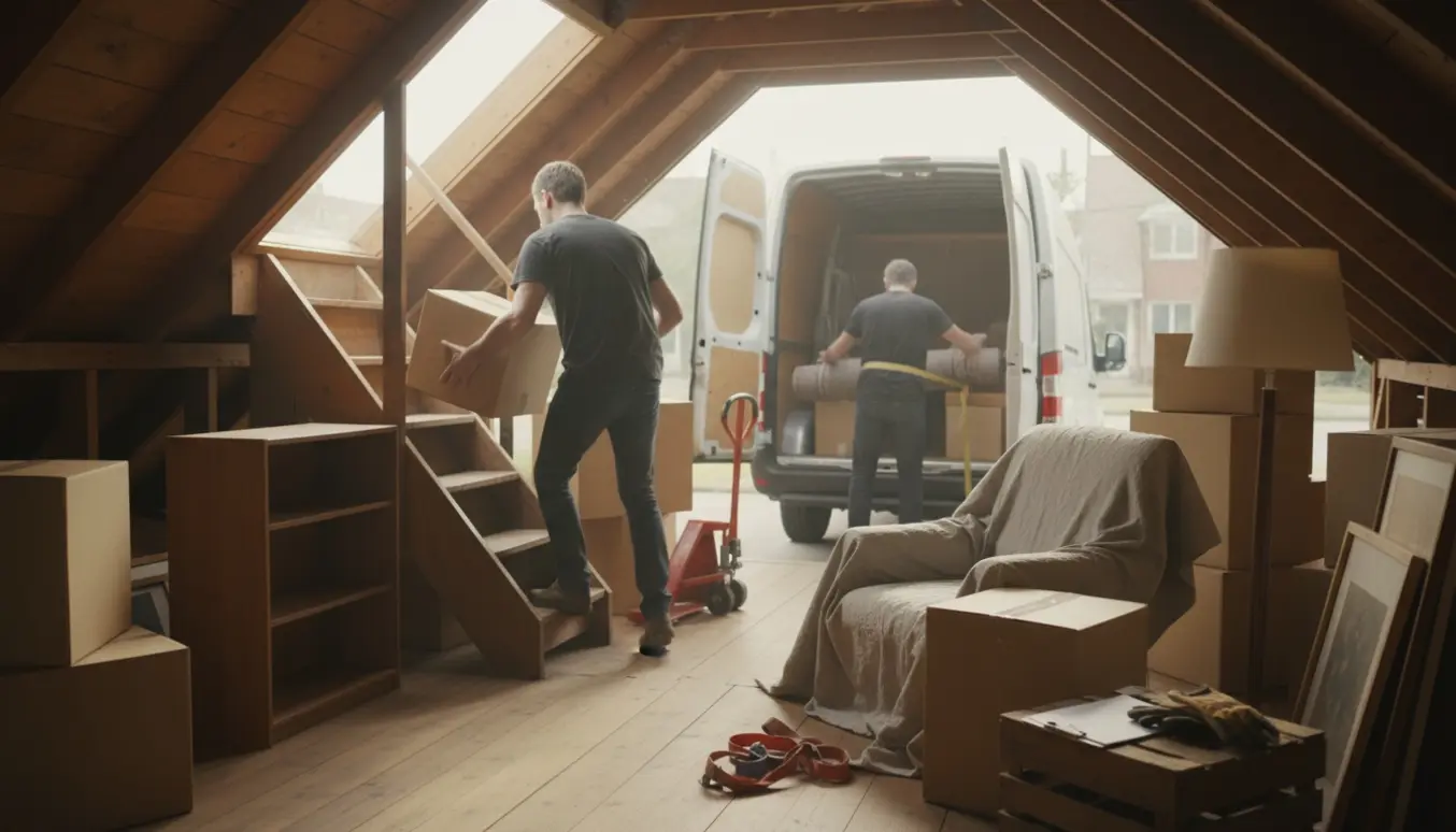 To personer rydder et loft og læsser møbler og kasser i en varebil til bortkørsel.