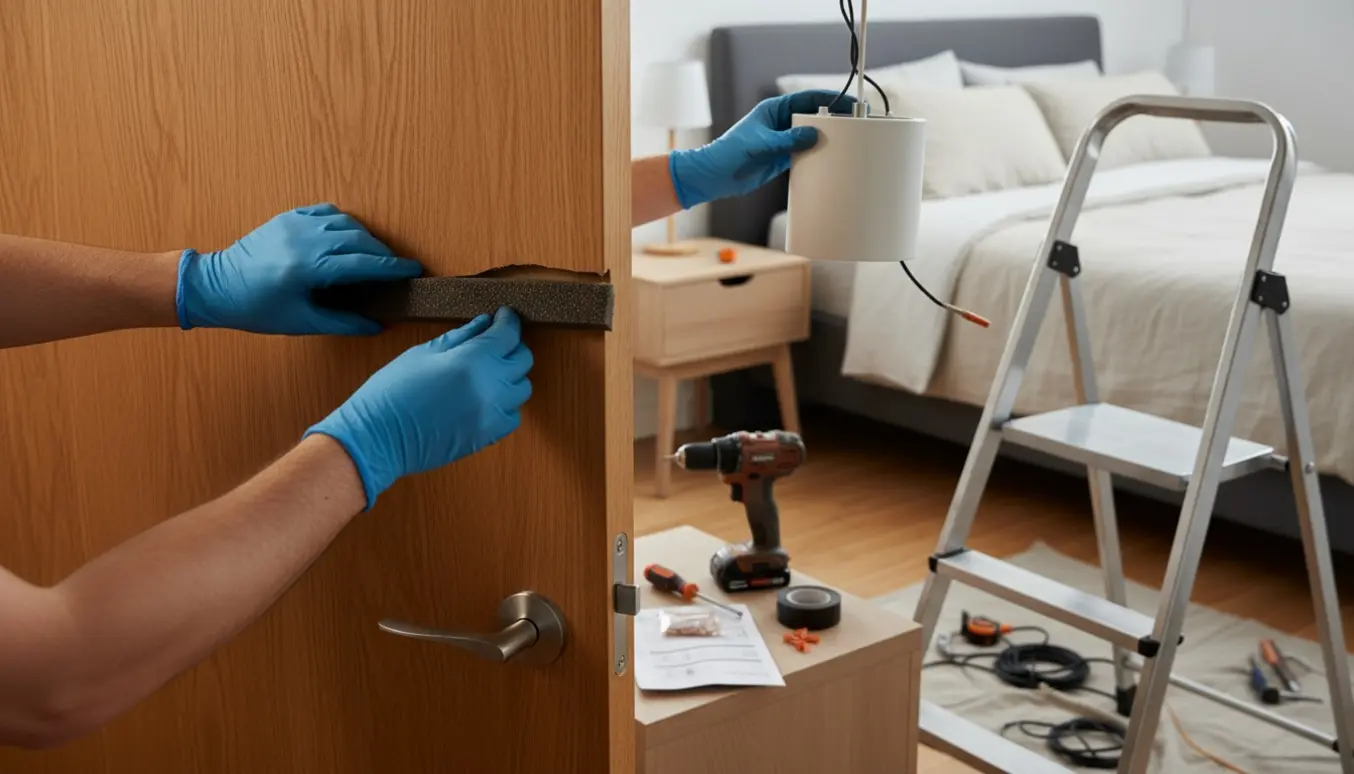 Hænder monterer loftlampe og sætter lydisolerende tætning omkring en soveværelsesdør.