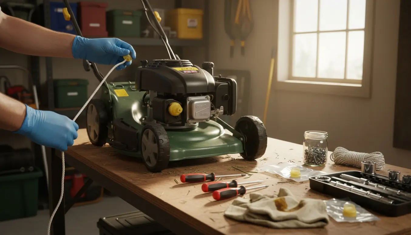 Hænder udskifter primerpumpe og startsnor på en plæneklipper i en solbeskinnet garage.